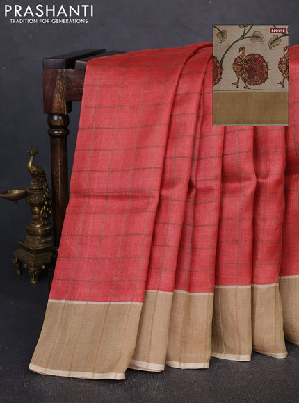 Pure tussar silk saree red and cream with allover zari checked pattern and zari woven border