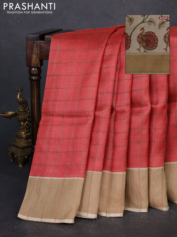 Pure tussar silk saree red and cream with allover zari checked pattern and zari woven border