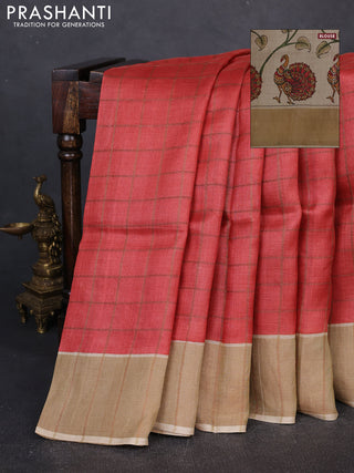 Pure tussar silk saree red and cream with allover zari checked pattern and zari woven border
