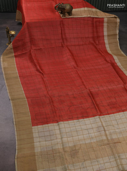 Pure tussar silk saree red and cream with allover zari checked pattern and zari woven border