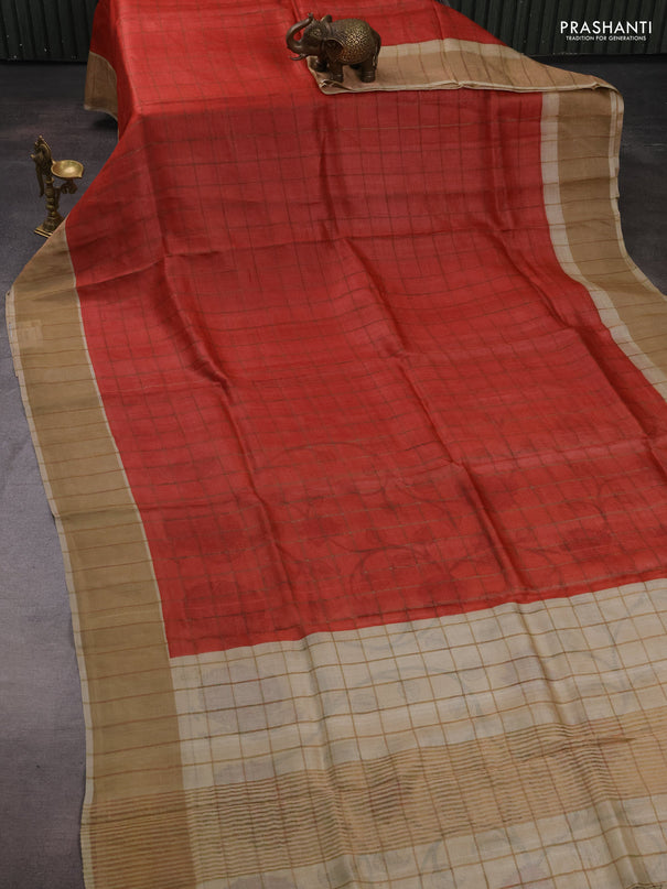 Pure tussar silk saree red and cream with allover zari checked pattern and zari woven border