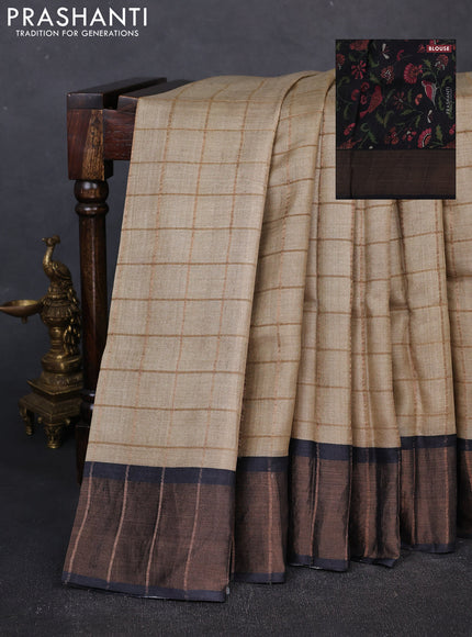 Pure tussar silk saree beige and black with allover zari checked pattern and zari woven border