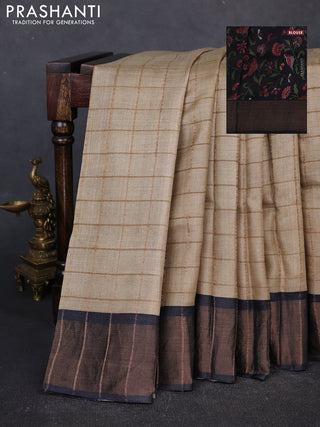 Pure tussar silk saree beige and black with allover zari checked pattern and zari woven border