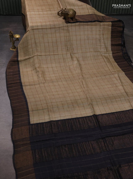 Pure tussar silk saree beige and black with allover zari checked pattern and zari woven border