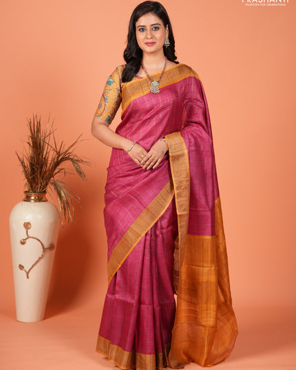 Pure tussar silk saree pink and mustard yellow with allover zari checked pattern and zari woven border