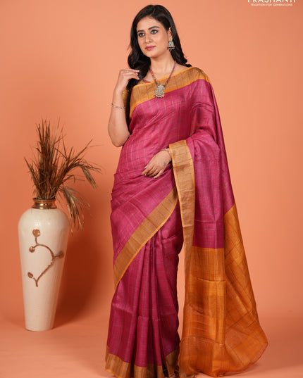 Pure tussar silk saree pink and mustard yellow with allover zari checked pattern and zari woven border