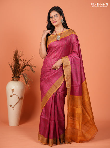 Pure tussar silk saree pink and mustard yellow with allover zari checked pattern and zari woven border