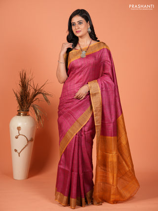 Pure tussar silk saree pink and mustard yellow with allover zari checked pattern and zari woven border