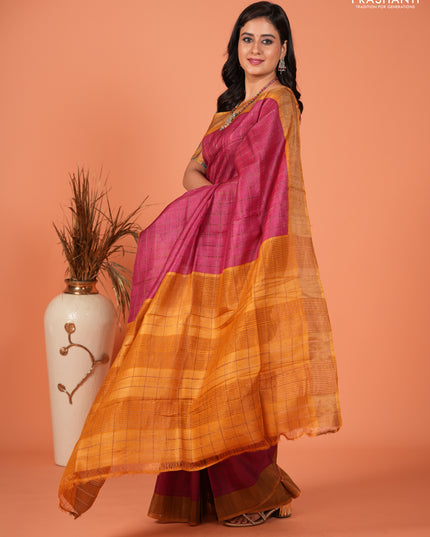 Pure tussar silk saree pink and mustard yellow with allover zari checked pattern and zari woven border