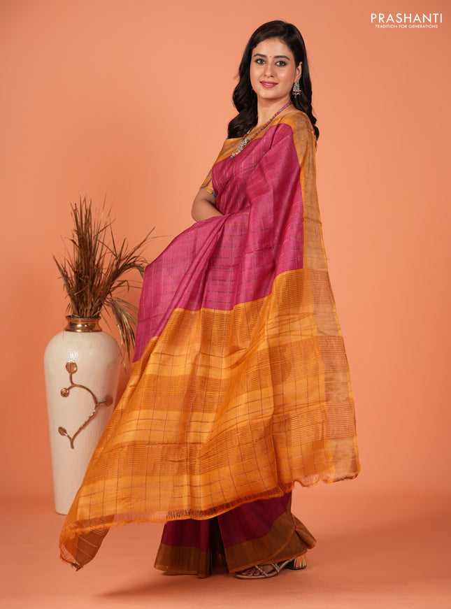 Pure tussar silk saree pink and mustard yellow with allover zari checked pattern and zari woven border