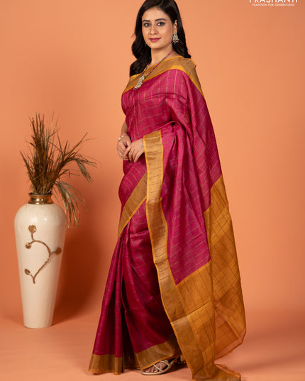 Pure tussar silk saree pink and mustard yellow with allover zari checked pattern and zari woven border
