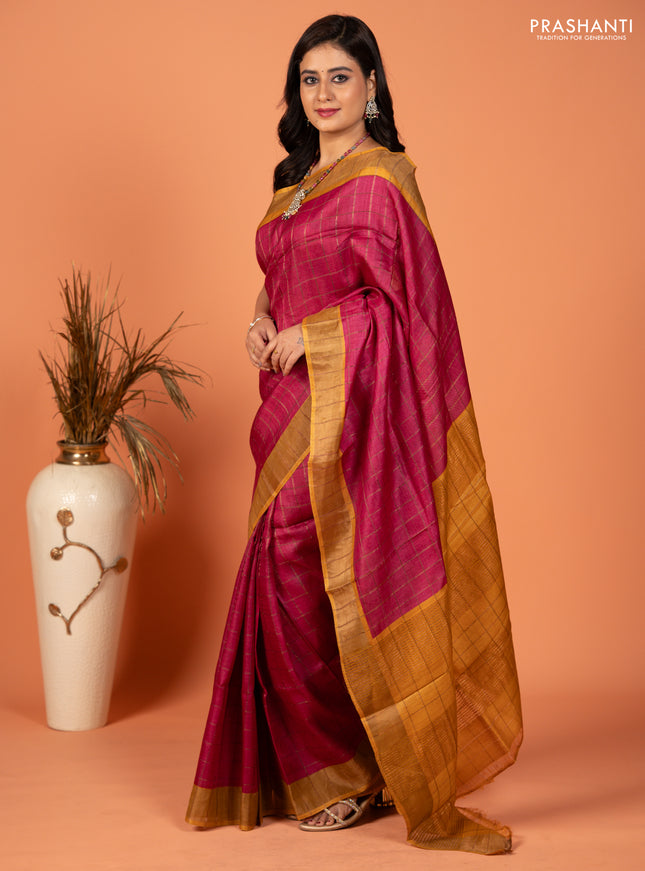 Pure tussar silk saree pink and mustard yellow with allover zari checked pattern and zari woven border