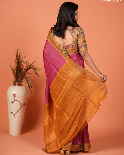 Pure tussar silk saree pink and mustard yellow with allover zari checked pattern and zari woven border