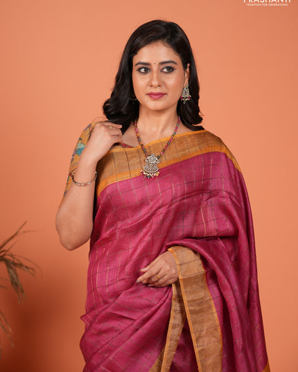 Pure tussar silk saree pink and mustard yellow with allover zari checked pattern and zari woven border
