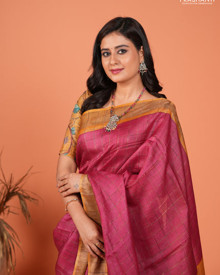 Pure tussar silk saree pink and mustard yellow with allover zari checked pattern and zari woven border