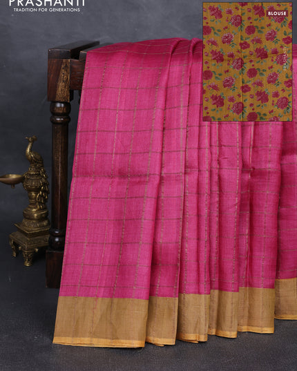 Pure tussar silk saree pink and mustard yellow with allover zari checked pattern and zari woven border