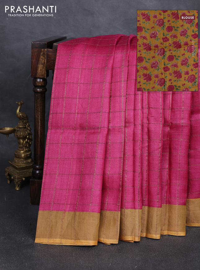 Pure tussar silk saree pink and mustard yellow with allover zari checked pattern and zari woven border