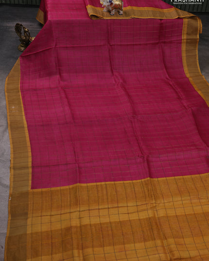 Pure tussar silk saree pink and mustard yellow with allover zari checked pattern and zari woven border