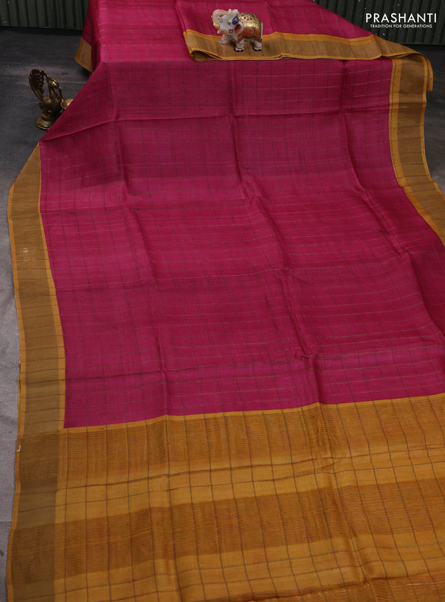 Pure tussar silk saree pink and mustard yellow with allover zari checked pattern and zari woven border