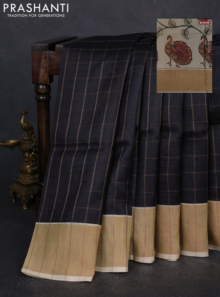 Pure tussar silk saree black and cream with allover zari checked pattern and zari woven border