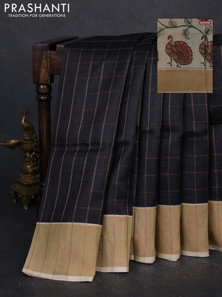 Pure tussar silk saree black and cream with allover zari checked pattern and zari woven border