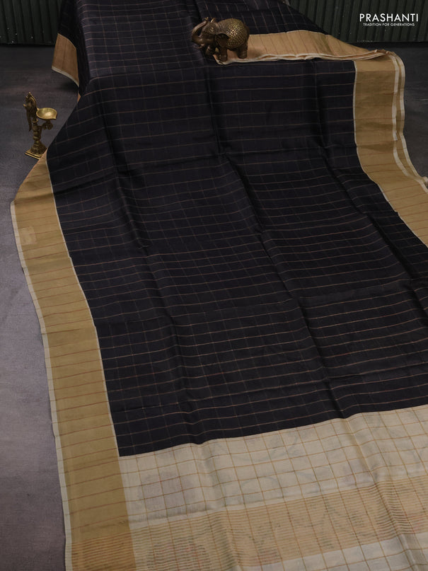 Pure tussar silk saree black and cream with allover zari checked pattern and zari woven border