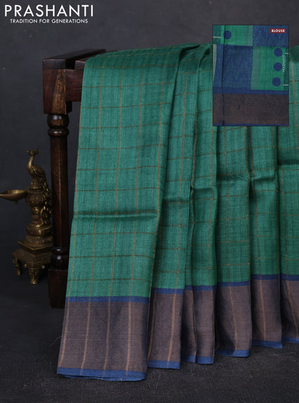 Pure tussar silk saree green and peacock blue with allover zari checked pattern and zari woven border