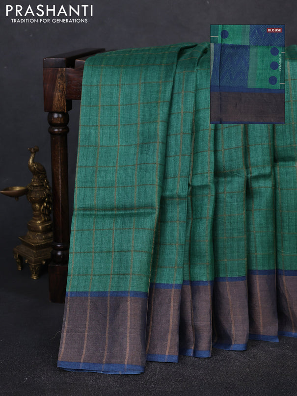 Pure tussar silk saree green and peacock blue with allover zari checked pattern and zari woven border