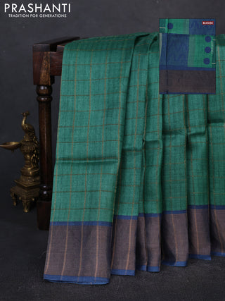 Pure tussar silk saree green and peacock blue with allover zari checked pattern and zari woven border