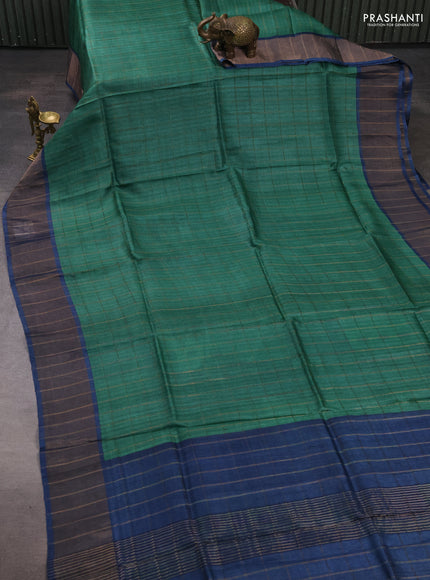 Pure tussar silk saree green and peacock blue with allover zari checked pattern and zari woven border