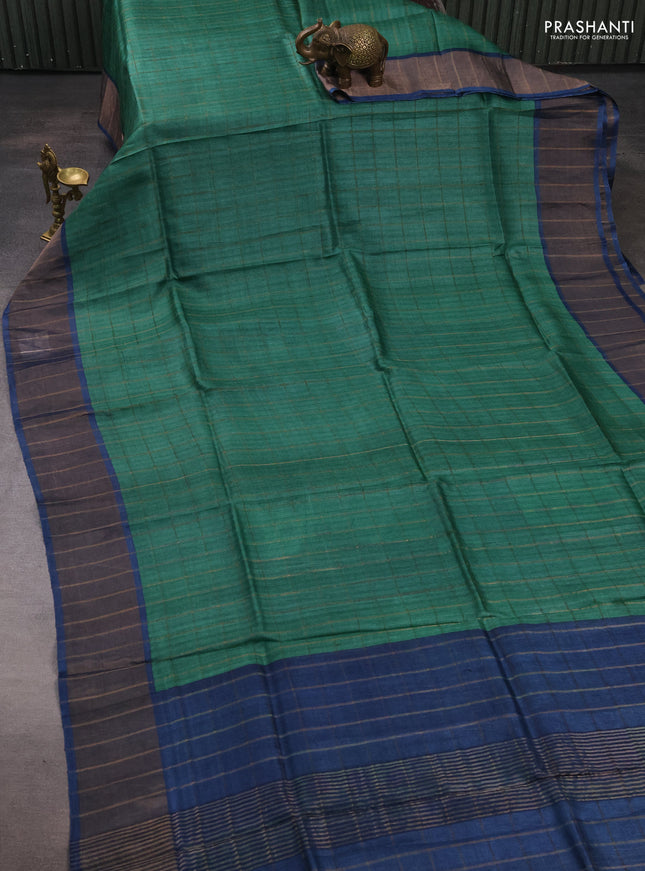 Pure tussar silk saree green and peacock blue with allover zari checked pattern and zari woven border