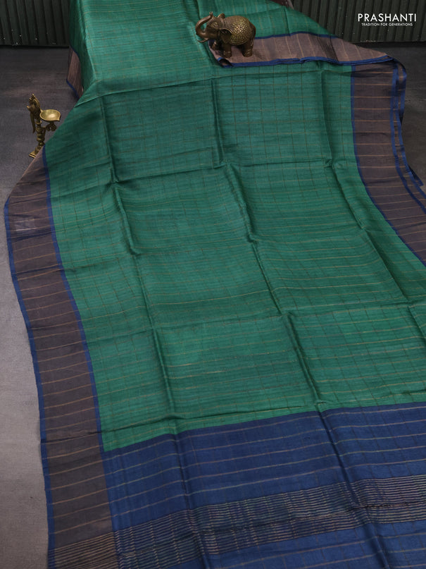 Pure tussar silk saree green and peacock blue with allover zari checked pattern and zari woven border