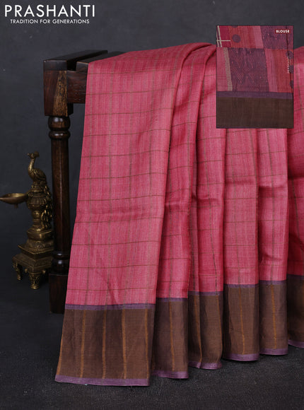 Pure tussar silk saree peach pink and jamun shade with allover zari checked pattern and zari woven border