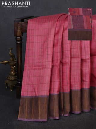 Pure tussar silk saree peach pink and jamun shade with allover zari checked pattern and zari woven border