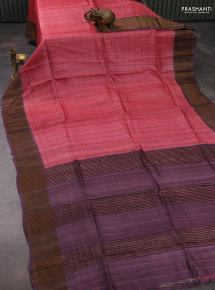 Pure tussar silk saree peach pink and jamun shade with allover zari checked pattern and zari woven border