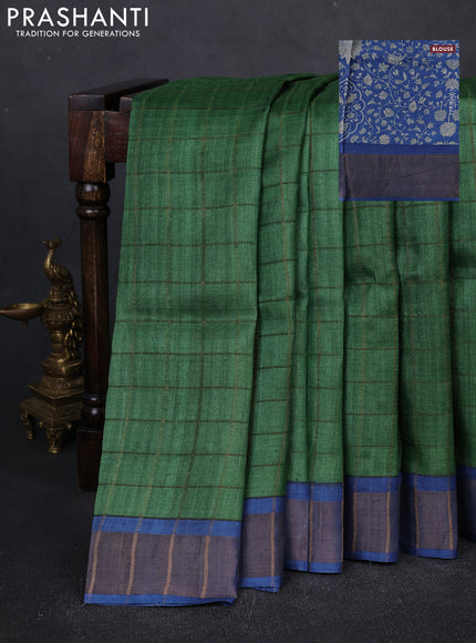 Pure tussar silk saree green and blue with allover zari checked pattern and zari woven border