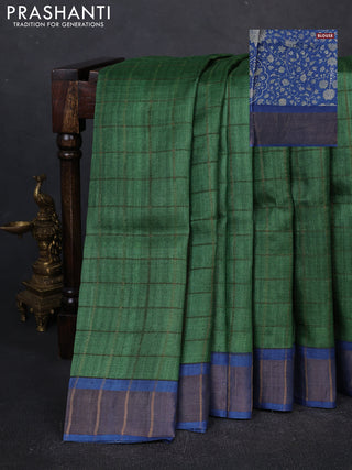 Pure tussar silk saree green and blue with allover zari checked pattern and zari woven border