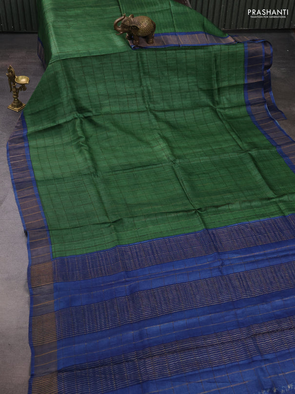 Pure tussar silk saree green and blue with allover zari checked pattern and zari woven border