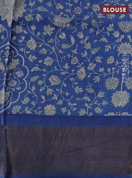 Pure tussar silk saree green and blue with allover zari checked pattern and zari woven border