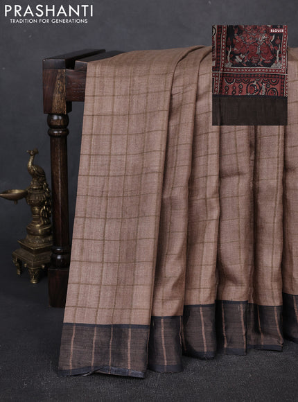 Pure tussar silk saree pastel brown and black with allover zari checked pattern and zari woven border
