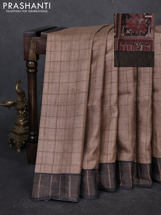 Pure tussar silk saree pastel brown and black with allover zari checked pattern and zari woven border