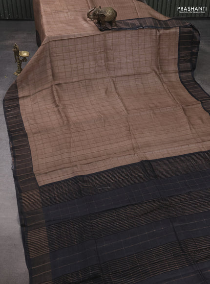 Pure tussar silk saree pastel brown and black with allover zari checked pattern and zari woven border