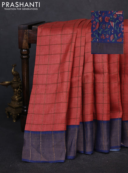Pure tussar silk saree peach orange and blue with allover zari checked pattern and zari woven border