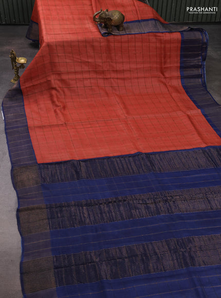 Pure tussar silk saree peach orange and blue with allover zari checked pattern and zari woven border