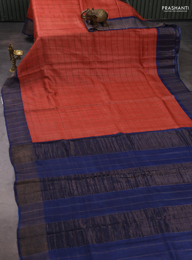 Pure tussar silk saree peach orange and blue with allover zari checked pattern and zari woven border