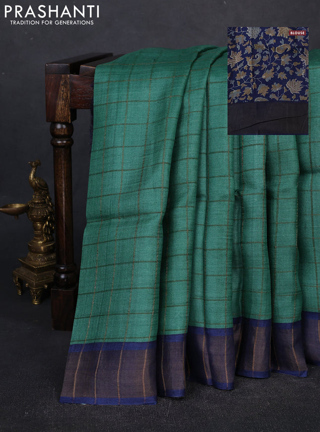 Pure tussar silk saree teal green and blue with allover zari checked pattern and zari woven border