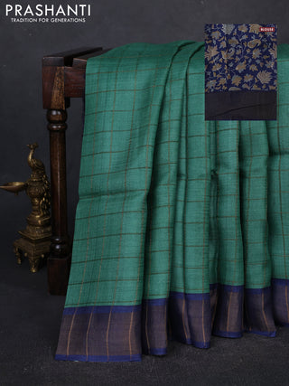 Pure tussar silk saree teal green and blue with allover zari checked pattern and zari woven border