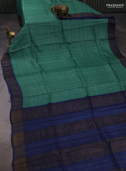 Pure tussar silk saree teal green and blue with allover zari checked pattern and zari woven border