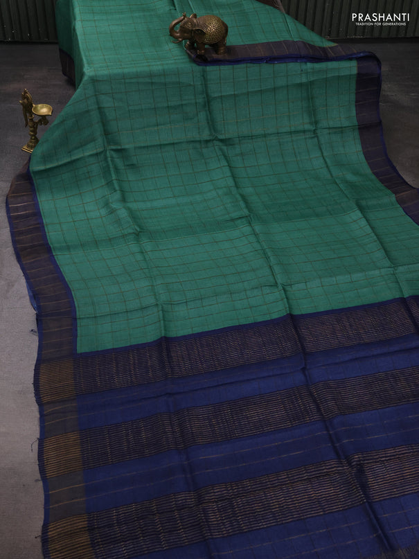 Pure tussar silk saree teal green and blue with allover zari checked pattern and zari woven border