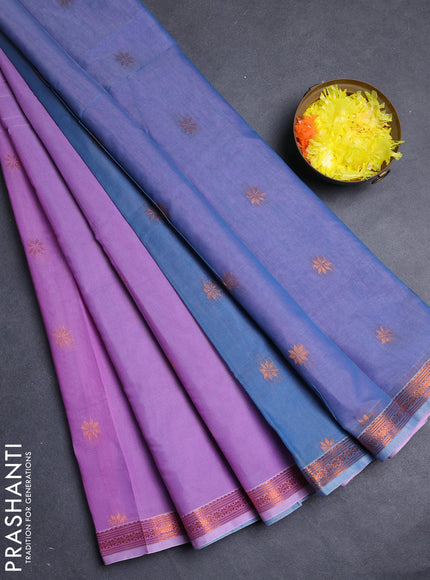 Semi maheswari cotton saree lavender and green shade with allover copper zari woven buttas and copper zari woven border